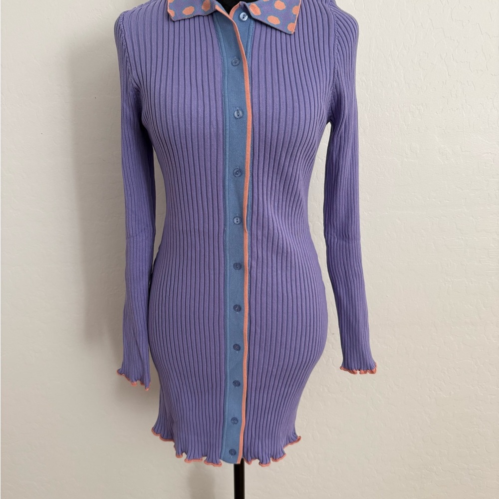 Elegant Long Sleeve Ribbed Dress in Purple and Blue